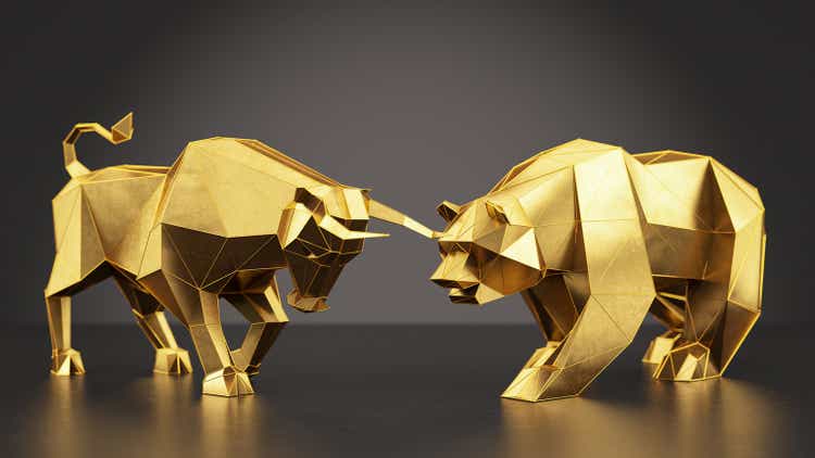 Financial Trade Concept with Golden Bull and Bear on Black