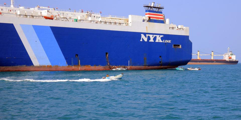 Houthi rebels seize a cargo ship in the Red Sea in November 2023.