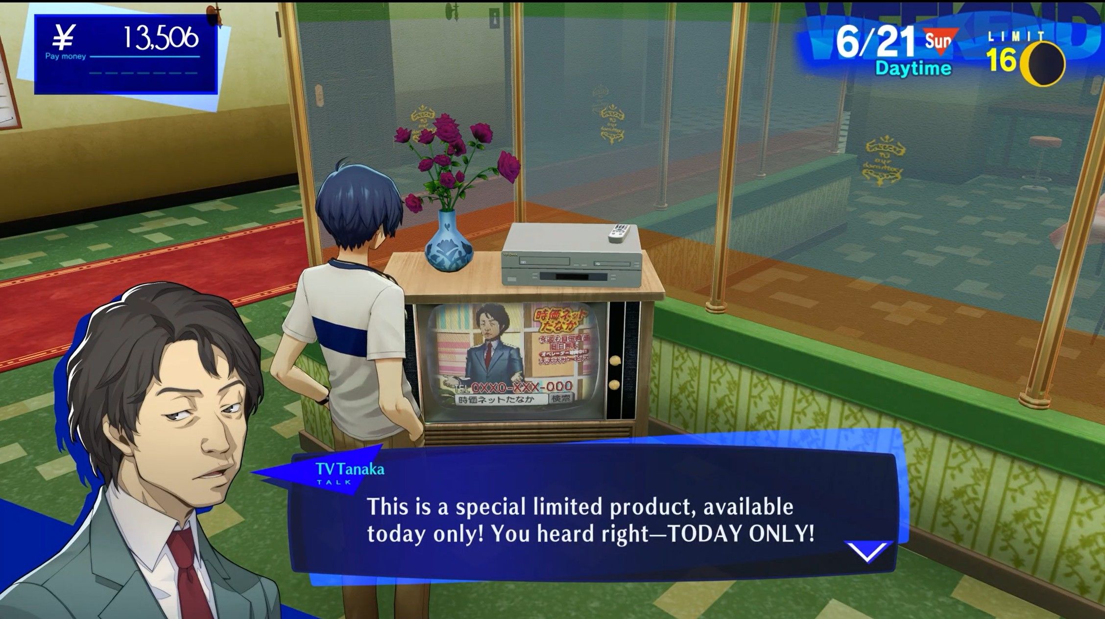tanaka saying his deals are one-day only persona 3 reload tanaka's amazing commodities schedule p3r