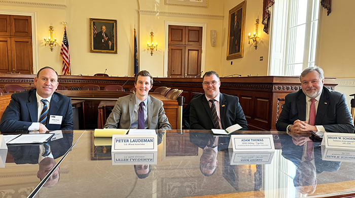The panel that discussed food assistance programs for Hill staffers on Feb. 7 were, left to right: Bobby Hanks, representing USA Rive; USW Director of Trade Policy Peter Laudeman; Adam Thomas, representing the North American MIllers' Association; and Brian Schoenman, Political and Legislative Director of Seafarers International Union of North America.