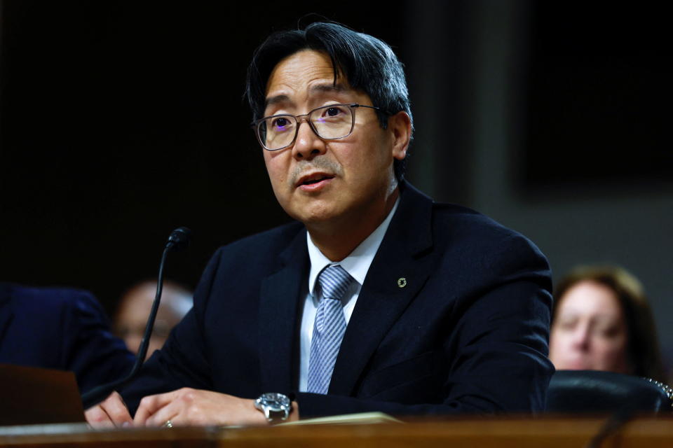 Acting Comptroller of the Currency, Michael Hsu, testifies before a Senate Banking, Housing, and Urban Affairs Committee hearing in the wake of recent bank failures, on Capitol Hill in Washington, U.S., May 18, 2023. REUTERS/Evelyn Hockstein