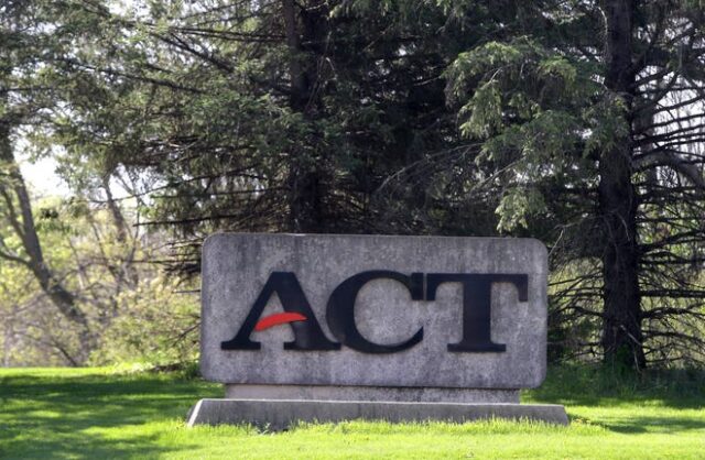 A sign for ACT is pictured Thursday, April 25, 2024 in Iowa City, Iowa.
