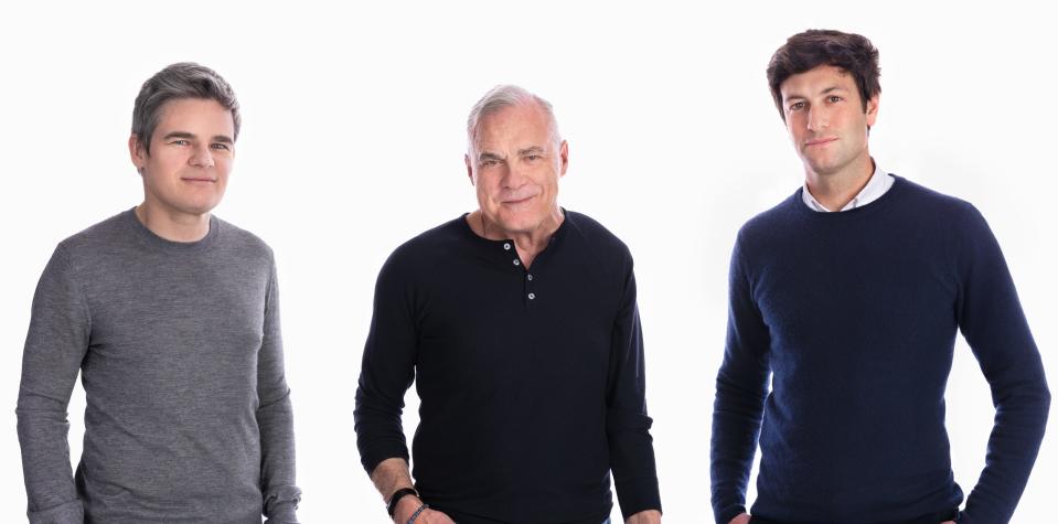 Mario Schlosser, Mark Bertolini, and Josh Kushner pose in front of a plain white background.