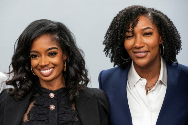 Fearless Fund co-partners Arian Simone and Ayana Parsons attend a press conference in New York on August 10, 2023.
