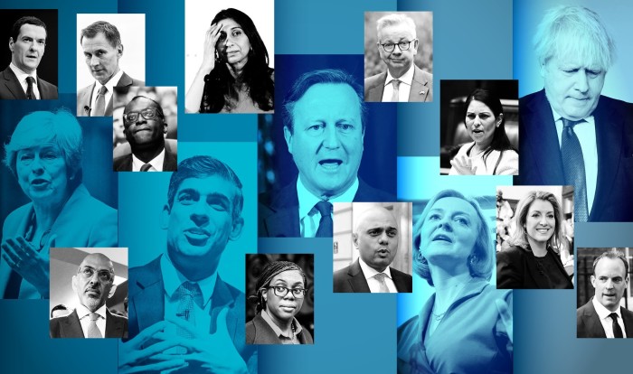 Montage image of Conservative politicians, with the current and former prime ministers in blue and current and former senior ministers in black and white